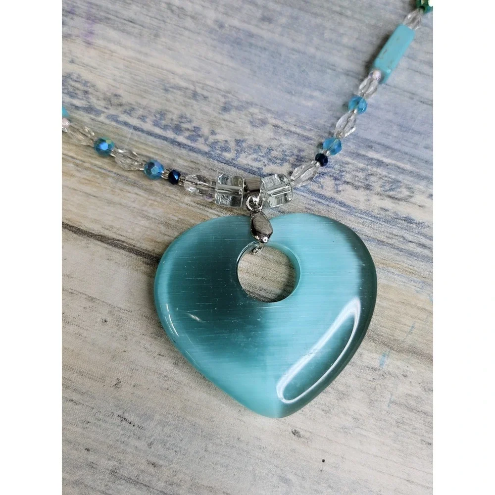 Teal Blue Cat's Eye Heart Crystal‎ Beads Toggle Clasp Necklace Turquoise 20